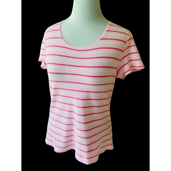 CROFT & BARROW LADIES SCOOP NECK SS PINK MULTI COLOR STRIPED TOP TEE TUNIC EUC M - Picture 4 of 5